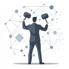 Businessman lifting dumbbells with polygonal network connection background vector illustration of strength and growth concept in minimalist flat style