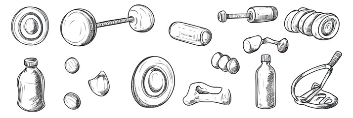 Hand drawn gym fitness equipment sketch set including dumbbells, weight plates, kettlebell, medicine ball, water bottles, and jump rope in minimalist style vector illustration