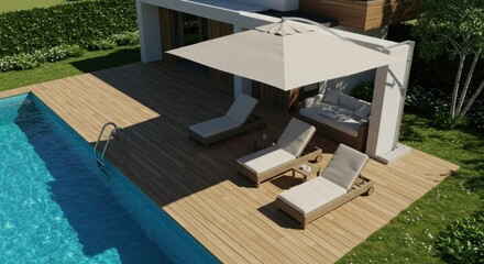 Stylish villa terrace with loungers beside refreshing pool offering sunny relaxation