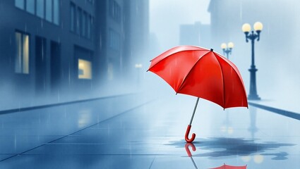 Watercolor Red Umbrella &ndash; Rainy Street Mood Scene