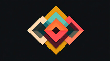 Minimal abstract composition of colorful geometric shapes and lines with sharp angles and symmetric design on a black canvas, featuring crisp and clean elements that emphasize balance, modern style