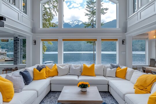 Modern home interior with lake views