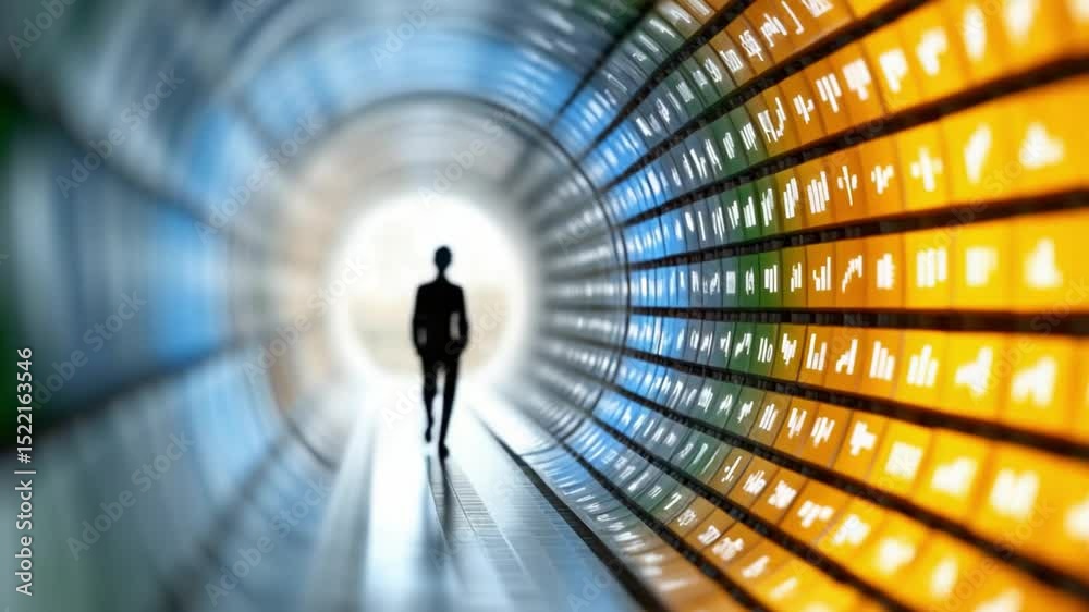 Poster Person Walking Towards Light in Data Tunnel: A solitary figure walks towards a bright light at the end of a long tunnel lined with glowing data icons, symbolizing progress, innovation.