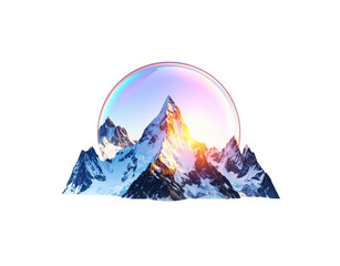 SnowCapped Mountain Peaks Bathed in Golden Sunlight Encased in a RainbowHued Bubble