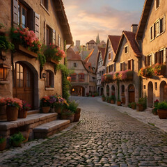 Fototapeta premium Charming Cobblestone Street Scene: A picturesque cobblestone street in an old town at sunset with charming architecture. The scene is a feast for the eyes, capturing a moment of tranquility.