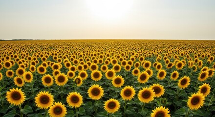 Endless Vibrant Field of Sunflowers Under a Bright Sky Panorama View