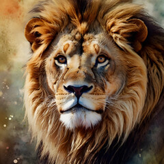 Fototapeta premium Majestic Lion's Gaze: A striking portrait of a regal lion, the king of the jungle, stares directly at the viewer with piercing eyes, showcasing its power and noble presence. 
