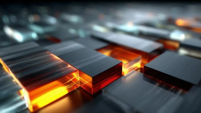 Abstract Blocks: Glowing orange and translucent cubes interspersed with dark grey blocks creating a dynamic abstract composition, suggesting technology, innovation, and energy.