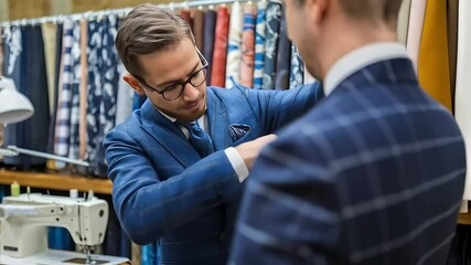 A skilled tailor in a fine suit measures a client for a custom-made garment in his workshop surrounded by fabrics