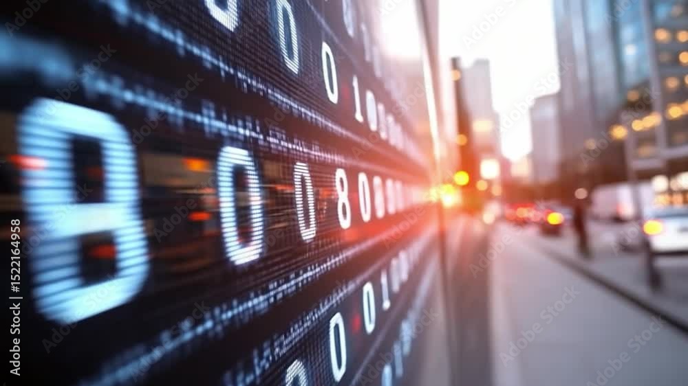 Poster Digital Skyline: Digital binary code overlayed on a bustling cityscape. This image is a visual representation of the interconnectedness of modern technology and urban environments.