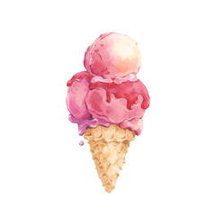 Pink ice cream in balls in a waffle cone. Watercolor