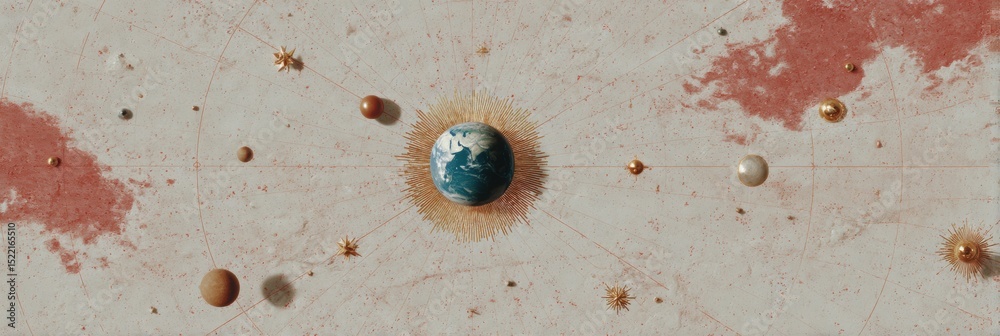 Aufkleber mystical celestial map with earth centered in golden frame on weathered parchment for esoteric marke