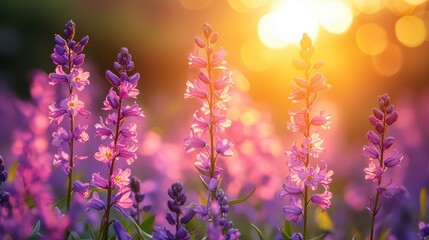 Obraz premium Sunset Purple Flowers Field.