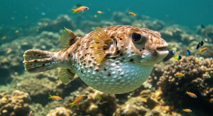 Spotted Pufferfish Floating in the Ocean Among Coral and Small Fish Habitat