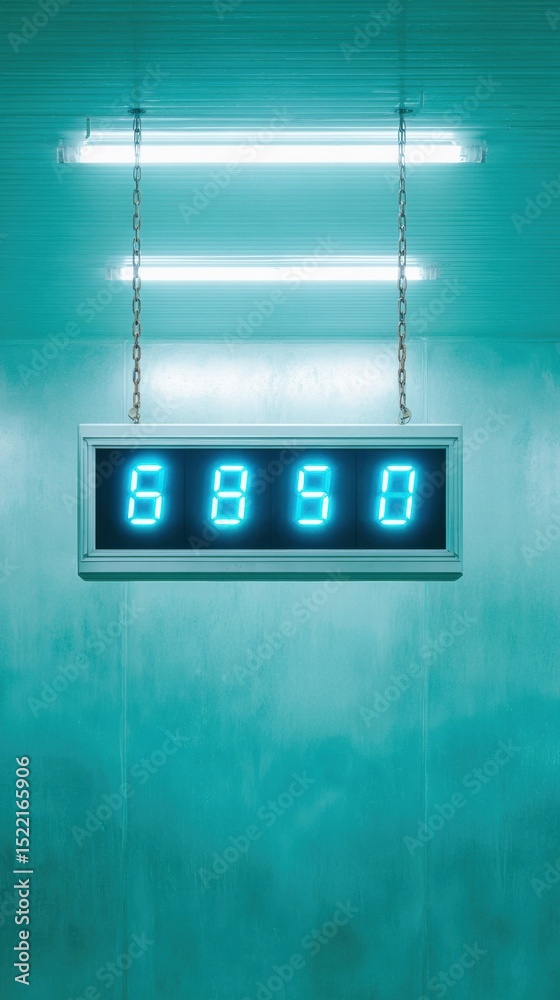 Poster professional sports scoreboard display with ice blue led digits and fluorescent lighting in modern a