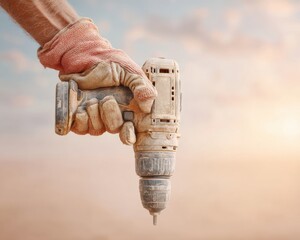 Construction Safety Drill Close-Up with Gloved Hands Holding Power Tool Demonstrating Proper Grip for Occupational Hazard Prevention and Craftsmanship