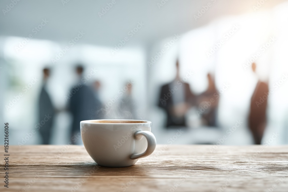 Poster sharp focus coffee cup on wooden table with blurred professionals networking in bright modern busine