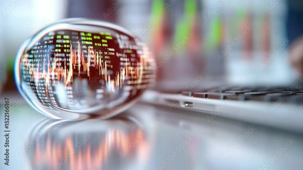 Poster digital reflection: a crystal ball reflects dynamic financial data, embodying the complex world of b