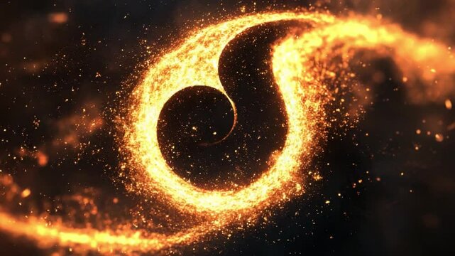 Burning Cosmic Harmony: A mesmerizing depiction of celestial dance, where swirling fiery particles coalesce to form an elegant S-shaped spiral, all against a dark space.