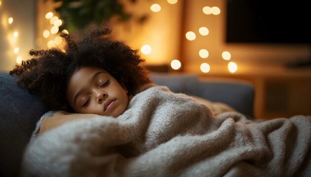 Young child sleeping peacefully on a couch.