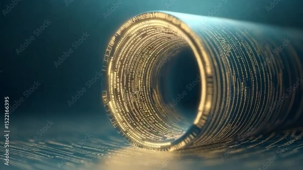 Aufkleber Abstract Golden Cylinder: A mesmerizing abstract image showcasing a golden cylinder with intricate, glowing patterns, submerged in a deep blue liquid, creating a futuristic and mysterious atmosphere.