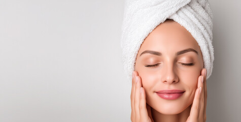 Close-up of a woman with a towel on her head touching her clean face, with copy space