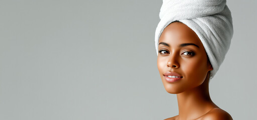 Portrait of a beautiful Black woman with clean, healthy skin and a white towel on her head