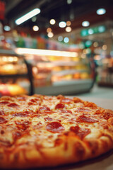 Close-up of a pepperoni pizza with melted cheese in a supermarket or deli