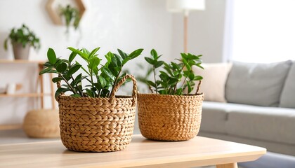 Home Decor: Two Green Plants in Woven Baskets on Wooden Table