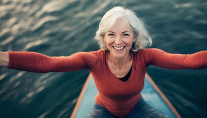 Happy senior woman enjoying a paddleboard ride.