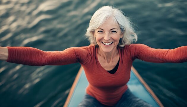 Happy senior woman enjoying a paddleboard ride.