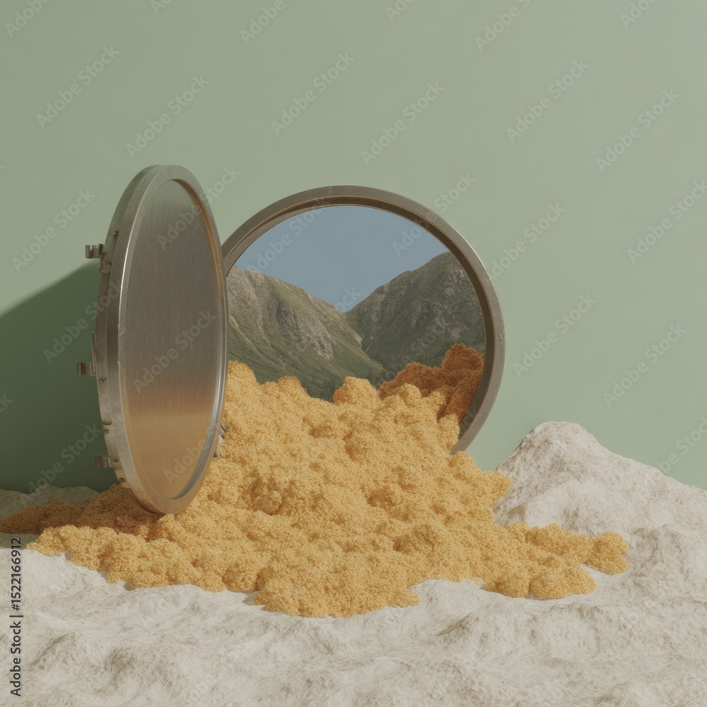 Poster modern gold vault with circular door open showing abundant gold coins and mountain view symbolizing 