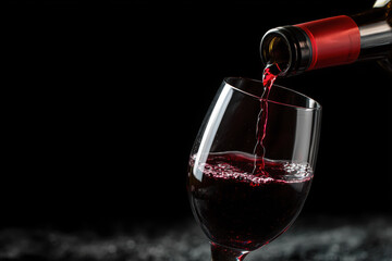 Red wine pouring from an unbranded bottle into a glass on a dark background
