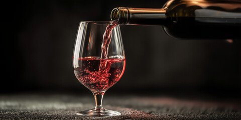 Red wine pouring from an unbranded bottle into a glass on a dark background