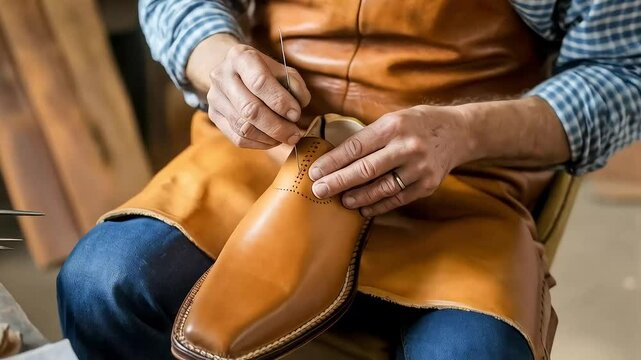A skilled shoemaker wearing a leather apron meticulously handcrafts a tan leather shoe in his traditional workshop - Powered by Adobe