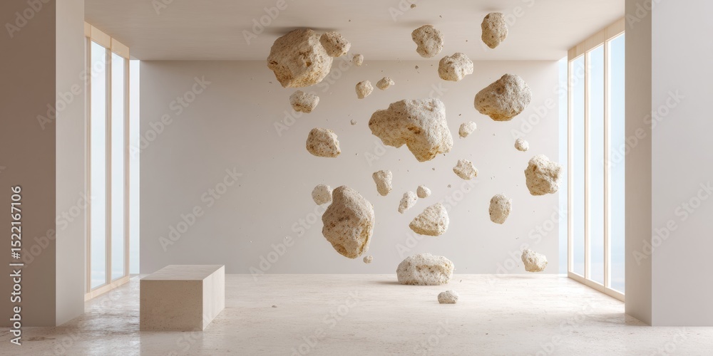 Poster minimalist floating debris and rocks in modern architectural space, symbolizing construction materia