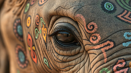 A stunning close-up of an elephant's eye decorated with vibrant and intricate traditional paintings, representing the culture, beauty and art of animals.