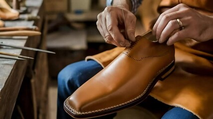 A skilled shoemaker wearing a leather apron meticulously handcrafts a tan leather shoe in his traditional workshop
