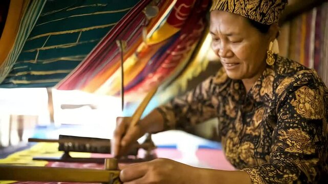 A smiling Asian woman in traditional attire meticulously crafts a patterned fabric using a hand tool in a vibrant textile workshop