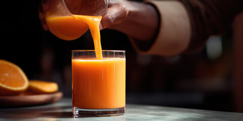 Hand pouring fresh orange juice into a glass