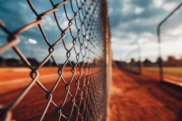 Dugout View Through Chain Link Fence Leading to Baseball Field with Dramatic Lighting and Anticipation Concept for Sports Marketing