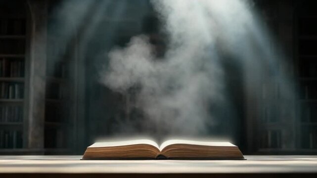 Book's Enchanted Aura: Illuminated by divine light, an open book rests on a wooden surface, its pages seemingly imbued with an ethereal glow.