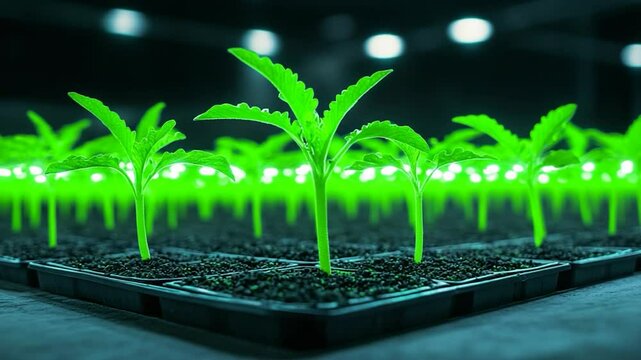Illuminated Seedlings in a Modern Greenhouse