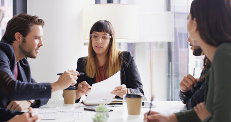 Documents, meeting and question with marketing team in boardroom for discussion or planning. Contract, management and teamwork with business people in office together for professional workshop