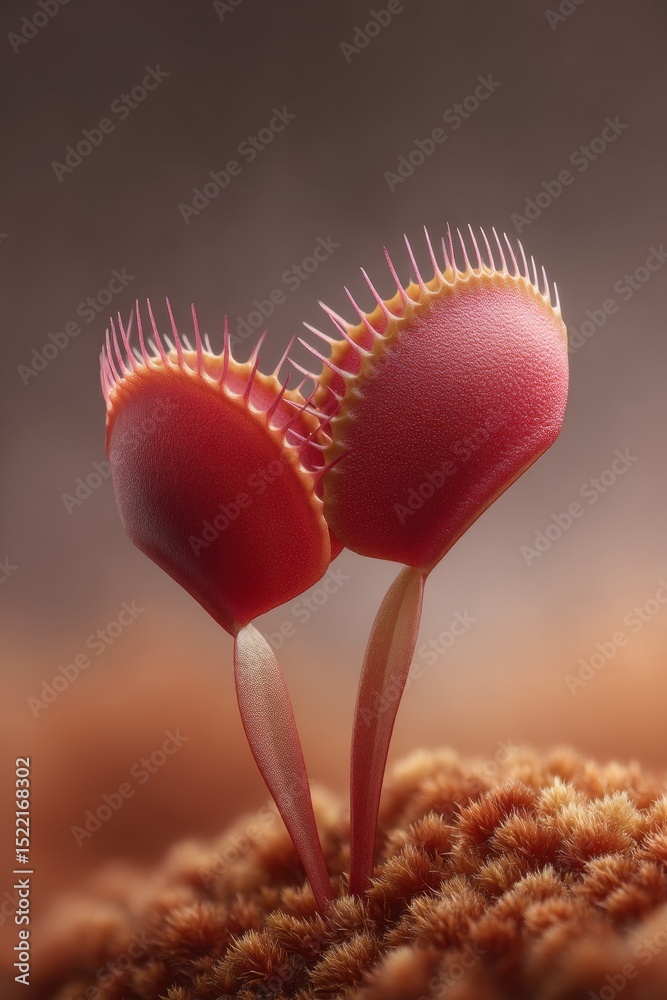 Poster Macro close-up of Venus flytrap with open jaws and trigger hairs on moss showcasing natural predatory adaptation and intricate botanical texture for eco design