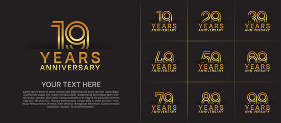 Naklejka premium Anniversary logo set with double line number style. golden color can be use for special moment