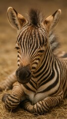 Fototapeta na wymiar Adorable zebra foal resting peacefully.