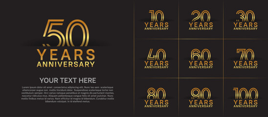Anniversary logo set with double line number style. golden color can be use for special moment