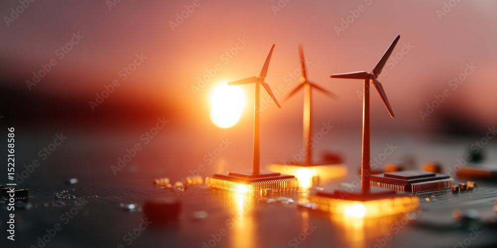Poster renewable energy miniature wind turbines on circuit board with glowing microchips - sustainable smar