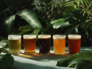 Craft Beer Flight in Natural Light with Clear Foam Heads and Varying Colors, Perfect for Brewery Tour Banners and Modern Craft Brewing Marketing